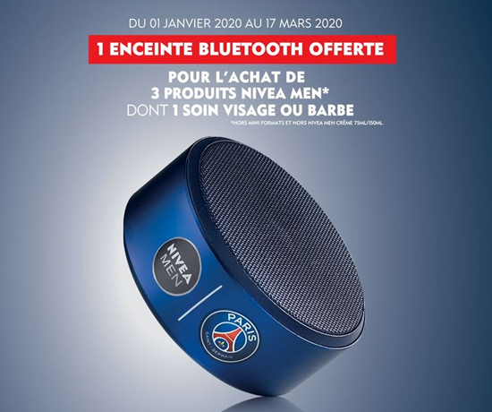 Enceinte Bluetooth de la marque Nivea Men et Paris Saint-Germain